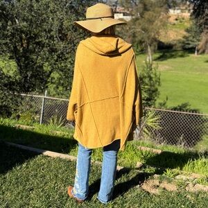 Free People Knit Oversized Hooded Poncho Cardigan Mustard M/L